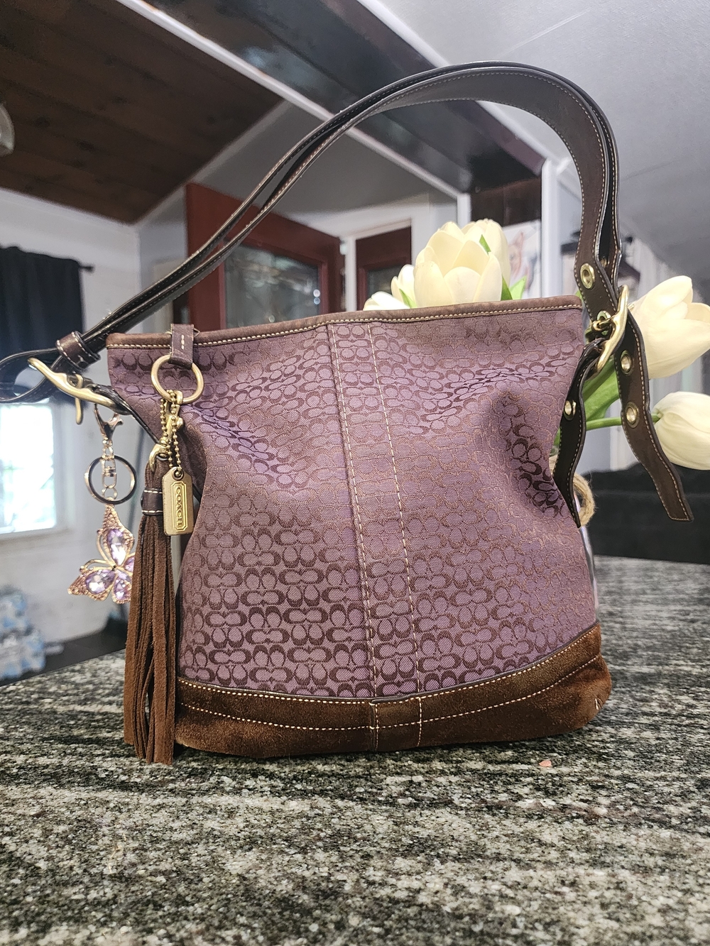 Coach Vintage Purple Signature Canvas & Brown Suede Shoulder Bag with Tassel
